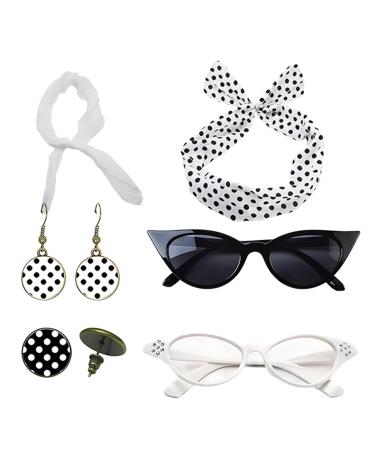 50s Accessories for Women Drop Earrings Headbands 1950s Outfi Set - Vintage Polka Dot Hair Bands with Chiffon Scarf Eye Glasses for Girls White One Size