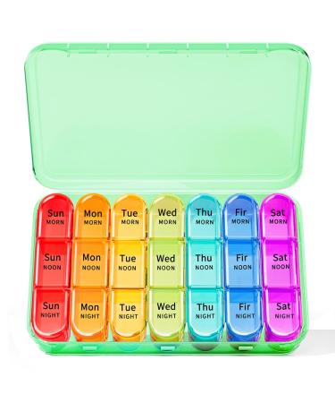 Zoolion Weekly Pill Box 7 Day 3 Times a Day (Morn/noon/Night) Daily Portable Travel Pill Box Organiser Tablet Box with Large Compartments Hold for Fish Oils Vitamins Supplements (Green)