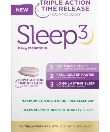 NB Sleep3 Triple Action Time Release Melatonin Sleep Aid 10mg Maximum Strength Drug-Free 120 Tri-Layered Tablets with L-Theanine