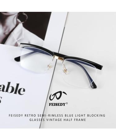 FEISEDY Retro Semi-Rimless Blue Light Blocking Glasses - Vintage Horn Rimmed Eyeglasses for Men & Women (B2883 01 Black 56mm) - International Shipping Available - Buy Online on GoSupps.com