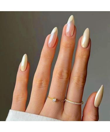 24Pcs Almond French Press on Nails Short Yellow Glossy Acrylic French Tips Fake Nails Ballerina False Nails with Waves Designs Full Cover Stick on Nails for Women and Girls Bright Yellow