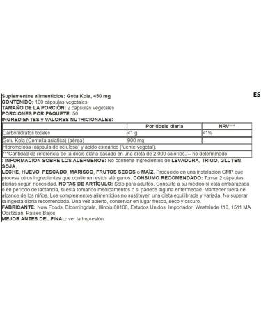 Now Foods Gotu Kola 450 mg - 100 Vegan Capsules | Premium Herbal Supplement for Enhanced Wellness - Buy Online on GoSupps.com