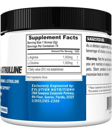 Evlution Nutrition L-Arginine + L-Citrulline - Endurance + Workout Performance Supplement - 2000mg Complex - Vasodilation + Nitric Oxide Support - Vegan + Gluten Free Powder - 75 Servings - Buy Online on GoSupps.com