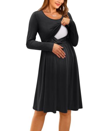 OUGES Womens V-Neck Long/Short Sleeve Casual Floral Maternity Dresses Nursing Gown Breastfeeding Dress with Pockets S Black592