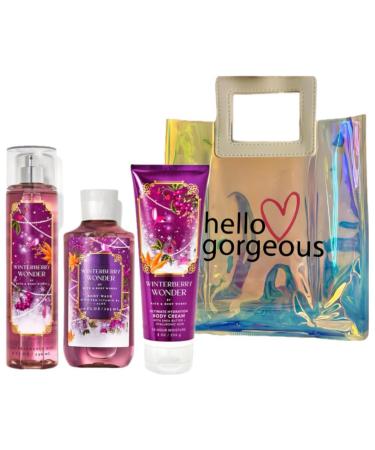 Bath & Body Works - Winterberry Wonder - 3 Piece Bundle - Spray - Body Cream - Shower Gel - Full Size and Hello Gorgeous Gift Bag.