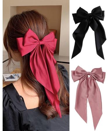 ZEVONDA Pack of 2 Big Bow Hair Clips - Solid Color Large Bowknot Hairpin Hair Clip with Long Silky Satin Tail Hair Barrettes Accessories for Girls Women Black + Pink Black + Pink (2PCS) - Buy Online on GoSupps.com