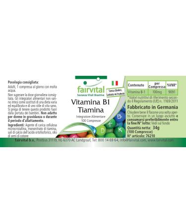Fairvital | Vitamin B1 100mg - Thiamine - VEGAN - High Dose - 100 Tablets - German Quality - Buy Online on GoSupps.com