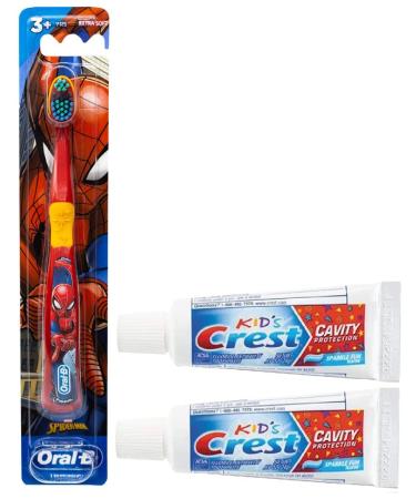 Oral-B Marvel Spider-Man Toothbrush 3+ YRS Extra Soft (Colors & Characters Very) & Crest Kids Cavity Protection Toothpaste Sparkle Fun Size 0.85oz (24g) Set of 2 - Pack of 3