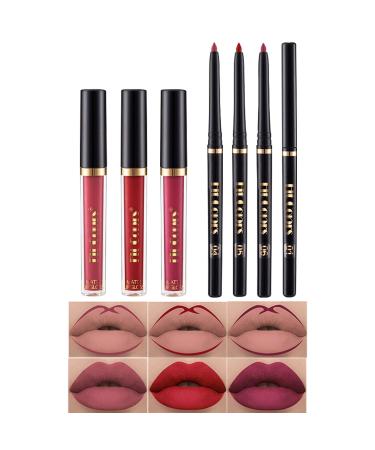 Lip Liner and Lipstick Set  3 Velvety Matte Liquid Lipsticks + 3 Matching Smooth Lip Liner Pens  One Step Lips Makeup Kits Rose Lip Stain for Black Women Waterproof Long Lasting 24 Hours (B)