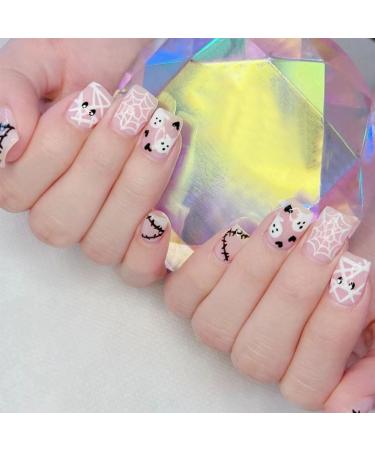 24Pcs Cute Halloween Press on Nails Short Square NEWSPIED Halloween Fake Nails with Spider Web Ghost Zombie Mummy Designs Full Cover Glue on Nails Pink Acrylic Halloween Nails for Women Girls Manicure Halloween Pink Nails-4