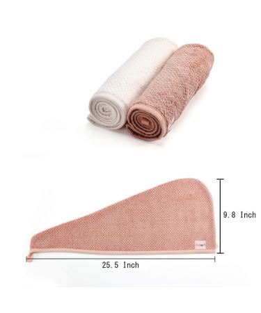 2 Pack Microfiber Hair Towel Wrap with Button - Pink & Beige | Dry Hair Hat for Quick Drying | Bath Hair Cap for Women - Buy Online on GoSupps.com