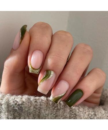 Mouyou Glow Press on Nails Kurz Square Nude Dark Green French Gold Glitter Wave Line Fake Nails Art Nails with nail glue Dark Green Artificial fingernails Fa6