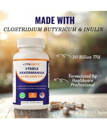 Vitamatic Akkermansia Muciniphila 30 Billion TFU + Clostridium Butyricum + Prebiotic Inulin - GLP-1 Probiotic - 30 Vegan Capsules - 30 Servings 30 Count (Pack of 1) - Buy Online on GoSupps.com