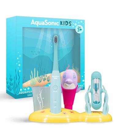 Aquasonic Kids Sonic Electric Toothbrush for Ages 3+ | 2 Brush Heads  Toy  Timer  Rinse Cup | 2 Brushing Modes: Clean & Soft | Aquarium Adventures Set (Dolphin) Ruby the Dolphin