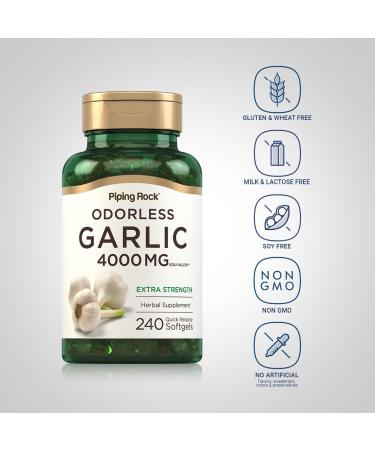 Piping Rock Odorless Garlic Softgels | 4000mg | 240 Count | Extra Strength | Non-GMO Gluten Free Herbal Supplement - Buy Online on GoSupps.com