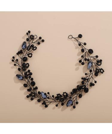 Teyglen Wedding Bride Rhinestones Crystal Headband Hair Vine Handmade Bridal Black Crystal Beads Headband Wedding Hair Accessories for Brides Hair Pieces Headpieces for Women Girl (Black)