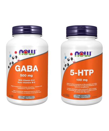 NOW Supplements GABA (Gamma-Aminobutyric Acid) 500mg Plus Vitamin B-6 Capsules 200 Count & Supplements 5-HTP (5-Hydroxytryptophan) 100mg Capsules 120 Count