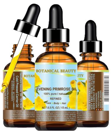 Botanical Beauty EVENING PRIMROSE OIL 100% Pure Natural Undiluted Unrefined Virgin Cold Pressed Carrier Oil. 0.5 Fl.oz.- 15 ml for face skin hair nails. Rich in essential fatty acids GLA