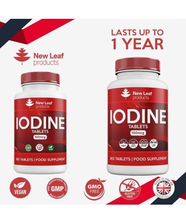 Iodine Tablets 150mcg 365 (1 Year Supply) Vegan High Strength - Natural Source of Iodine from Potassium Iodide - GMO Free - GMP Made in UK - New Leaf 365 count - Buy Online on GoSupps.com