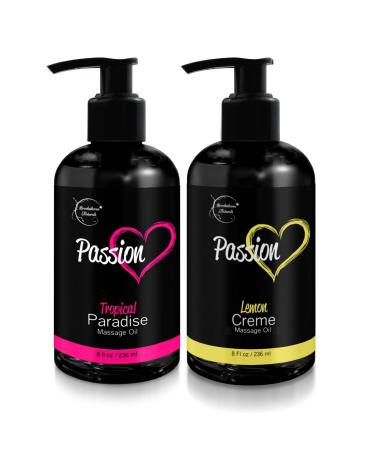 Passion Massage Oil for Couples Set of 2 Massaging Oils Lemon Cr me & Tropical Paradise. All Natural with Almond & Jojoba Oils. Great for Women & Men. Full Body Oil for Relaxation & Aromatherapy 2 Piece Assortment
