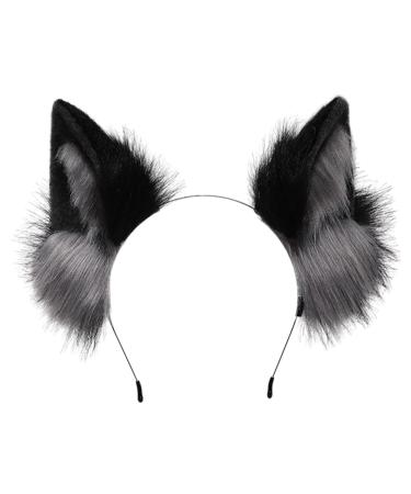 ZFKJERS Furry Fox Wolf Cat Ears Headwear Women Men Cosplay Costume Party Cute Head Accessories for Halloween (Grey Black)