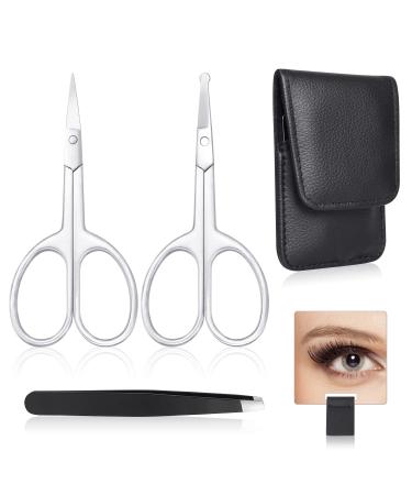 Nose Hair Scissors, Ear Hair Facial Hair Scissors, Eyebrow Grooming Scissors, Stainless Steel Small Beauty Trimming Scissors, Curved and Rounded Scissors, Mirror, Travel Case, Tweezer, Men and Women A-Silver