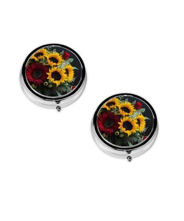 Sunflower and Rose Printed Mini Round Pill Box Pill Box 3 Compartment Medicine Pill Case Pill Organizer Travel Pillbox Portable Pill Box for Pocket Home Office Use