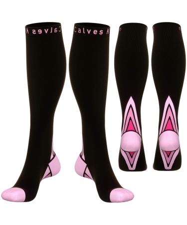 (2 Pairs)Compression Socks / Stockings for Men & Women Speed Up Recovery BEST Graduated Athletic Fit for Travel Running Nurses Shin Splints Flight & Maternity Pregnancy. Boost Stamina Circulation Black / Pink S-M