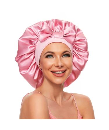 Satin Bonnet Silk Bonnet with Tie Band Jumbo Sleeping Silk Bonnet with Elastic Wide Band Wig Edge Wrap Bonnet Satin Sleep Cap for Woman Curly Braid Hair Pink