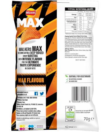 Walkers Max Punchy PAPRIKA Crisps Snacks 15 x 70g Bags - Buy Online on GoSupps.com
