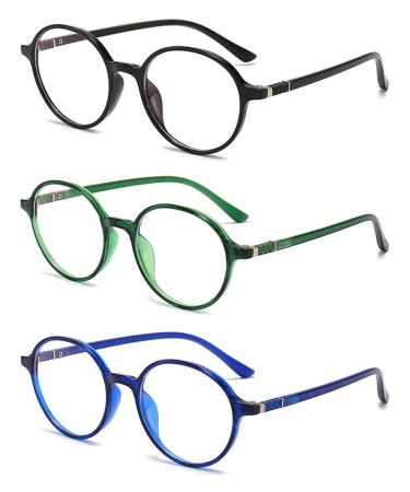 VEVESMUNDO Blue Light Filter Reading Glasses Round Retro Large Women Men Anti Blue Light Reading Aid Visual Aid Glasses +1.0 +1.5 +2.0 +2.5 +3.0 +3.5 +4.0 3 Piece Reading Glasses Set (Black+Blue+Green) 2.0 Diopters