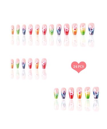Shop Flower Press on Nails - Long Coffin Shape Medium Length Colored French Tips Light Floral Design Purple Acrylic Glue-on Nails 24 Pcs - Stylish & Durable False Nails for Women - Buy Online on GoSupps.com