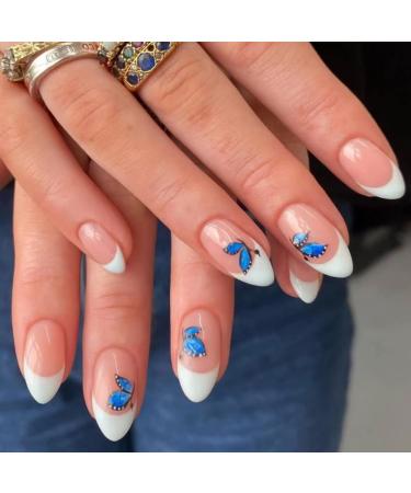JUSTOTRY 24 Pcs Butterfly Almond Short False Nails Pattern Milky White French Press on Nails Pretty Nude Fake Nails Short with Nail Glue Stiletto Medium Stick on Nails for Women white&butterfly1