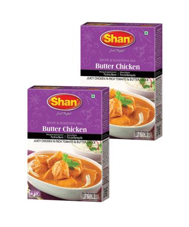 Shan Butter Chicken Recipe and Seasoning Mix 1.76 oz (50g) - Spice Powder for Juicy Chicken in Rich Tomato and Butter Sauce - Suitable for Vegetarians - Airtight Bag in a Box (Pack of 2) Butter Chicken Pack of 2