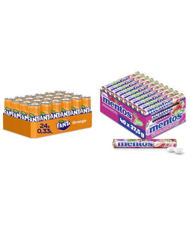 Fanta orange disposable can (24 x 330 ml) + mentos strawberry mix dragees 40 rolling candy taste strawberry sweet and sour sales display Kaubonbons Orangerange 330 ml (24 Pack) + mentos strawberry