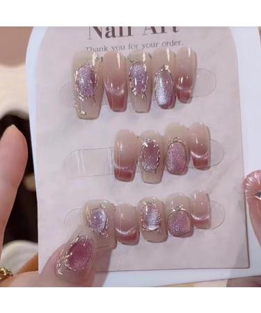 Handmade Wearing Armor French Cat Eye Magic Mirror Pink Elegance Explosive Flash Wearable Nail Art Detachable (Size : Medium Color : S)