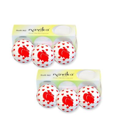 Navika Golf Balls - Cute Valentine Red Hearts Printed on White Golf Balls - 6 Piece Combo (2 Pack) | Valentine Gift for Golfers | Red Heart Wrap Golf Balls