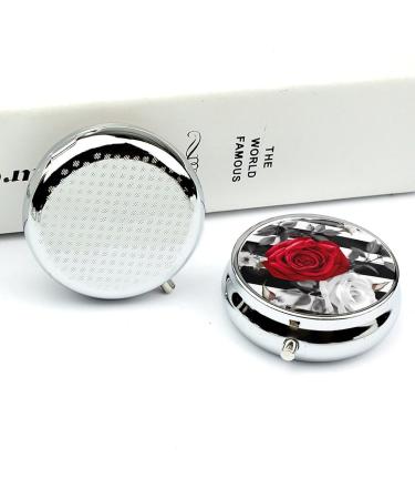 Decorative Round Pill Box - Black White Stripes & Red Rose - 3 Compartment Metal Pill Organizer for Travel - Buy Online on GoSupps.com