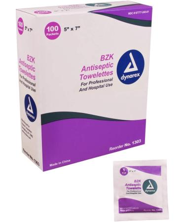 Dynarex Antiseptic Wipe Benzalkonium BZK First Aid Wipes 100/Box