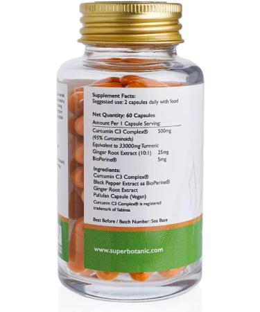 Super Botanic Curcumin Capsules 500mg - 60 Vegan Capsules | C3 Complex with Bioperine & Ginger Extract | 33,000mg Turmeric Equivalent | 100% Natural | Made in UK - Buy Online on GoSupps.com