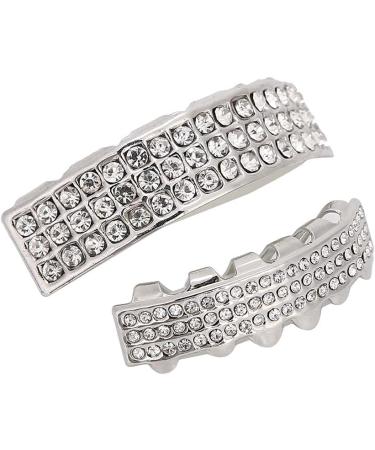 Iced Out Diamond Teeth Grillz Set for Men Women Plating Hip Hop Gold Grills for Your Teeth Teeth Jewelry and Accessories for Halloween Party Show Silver - Buy Online on GoSupps.com