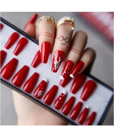 Christmas Reindeer Fake Nail Patches - Hand Painted Red 3D Acrylic Crystal Tips - Buy Online on GoSupps.com