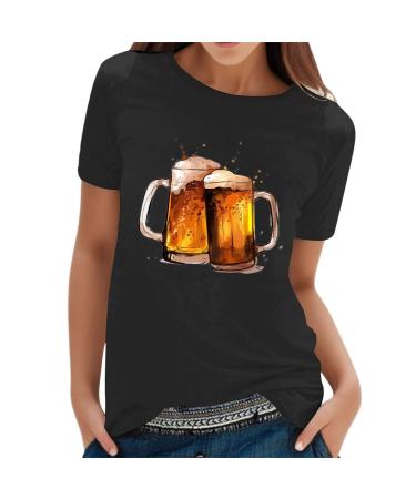 Tops Plus Size Women Women's Classic Version Cotton Oktoberfest Short Sleeve Tee Crewneck Loose Printed T Shirt Black X-Large