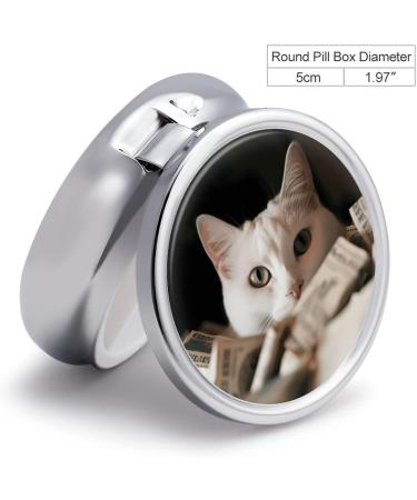 Round Travel Pill Box - 3 Compartment White Cat & Dollar Design - Portable Medicine Organizer for Purse & Pocket - Buy Online on GoSupps.com