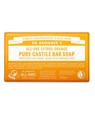 Dr Bronner's Citrus Orange Pure Castile Bar Soap Made with Organic Oils and No Synthetic Fragrances Used for Face Body and Hair Certified Fair Trade & Vegan Friendly 140g Bar Citrus Orange 140g (Pack of 1)
