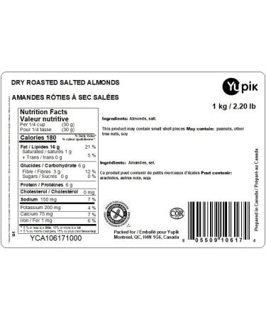 Yupik Dry Roasted Salted Almonds 1 kg 6 Count Gluten-Free Kosher Whole Nuts Seasoned Nuts Salty Snacks Lightly Roasted Oil-Free High in Fiber Crunchy Savory Snacks 6 kg - Buy Online on GoSupps.com