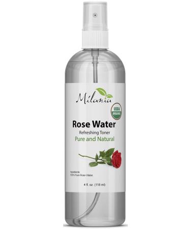 Milania Organic Rose Water Spray for Face and Hair, 4 oz., Natural Facial Toner, Pore Minimizer, and Redness Reducer, Revitalizing Mist Nourishes, Moisturizes, and Hydrates Skin (4 oz) 4 Fl Oz (Pack of 1)