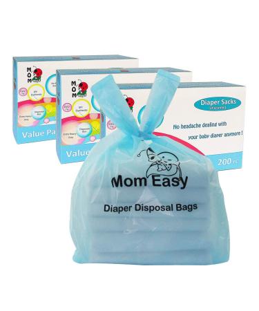 MOM EASY Dirty Diaper Bags Disposable, 600 Pcs Diaper Trash Bags With Easy Tie, Disposable Diaper Bags Dispenser, Baby Diaper Trash Bags For On The Go, Plastic Diaper Bag, Disposable Diaper Sacks 200 Count (Pack of 3)