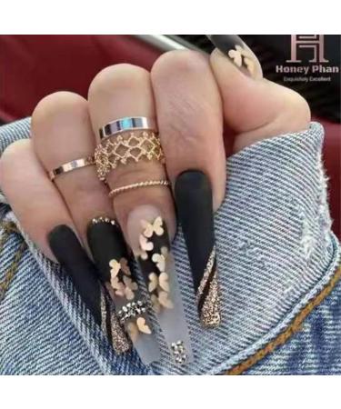 Xerling Black Gothic False Nails with Designs Butterfly Gold Glitter Charms Press on Nails with Rhinestones Matte Fake Nails Coffin For Women Girls 24Pcs (Pattern D)