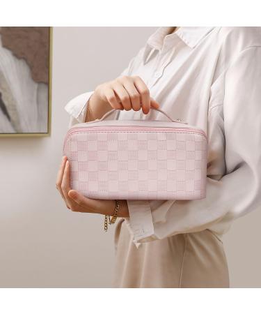 Aucuu Large Capacity Travel Cosmetic Bag for Women Girls PU Leather Waterproof Layered Storage Makeup Bag with Handle Portable Travel Organizer (Checkered Pink) #15 Pink-15 - Buy Online on GoSupps.com
